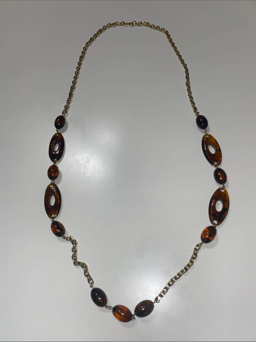 Long Tortoiseshell Oval Link Necklace - Gold Tone Chain